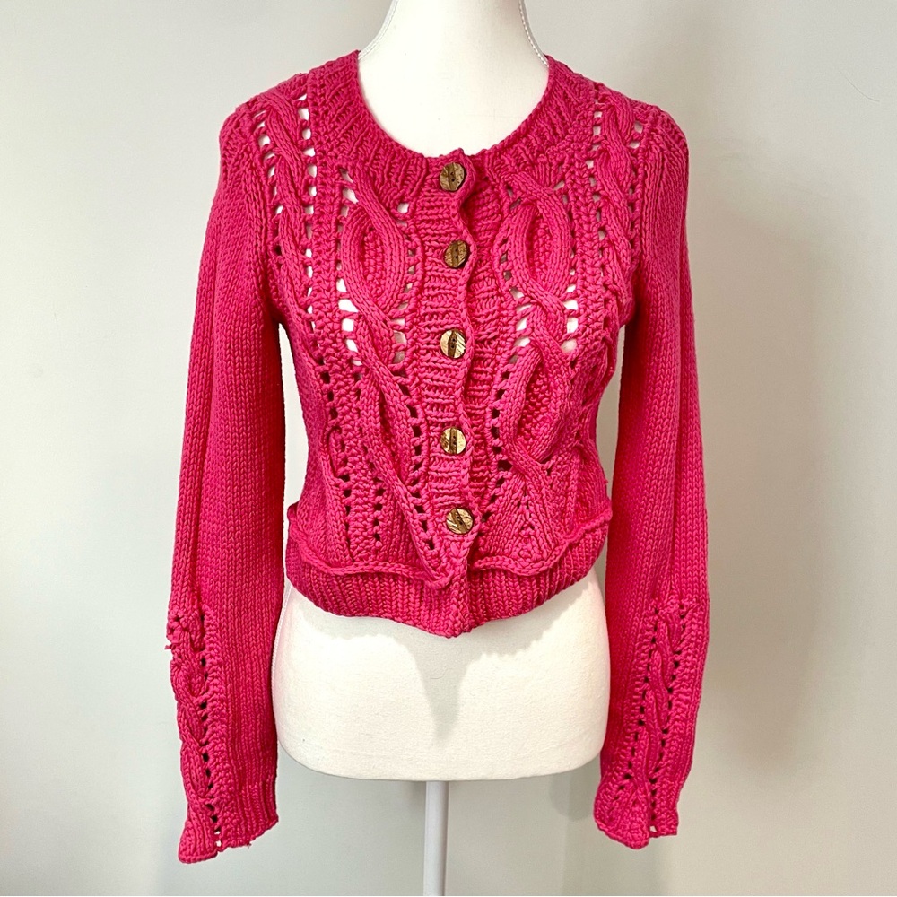Anthropologie Rosie Neira Crochet Cable Knit Sweater Hot Pink Size Medium